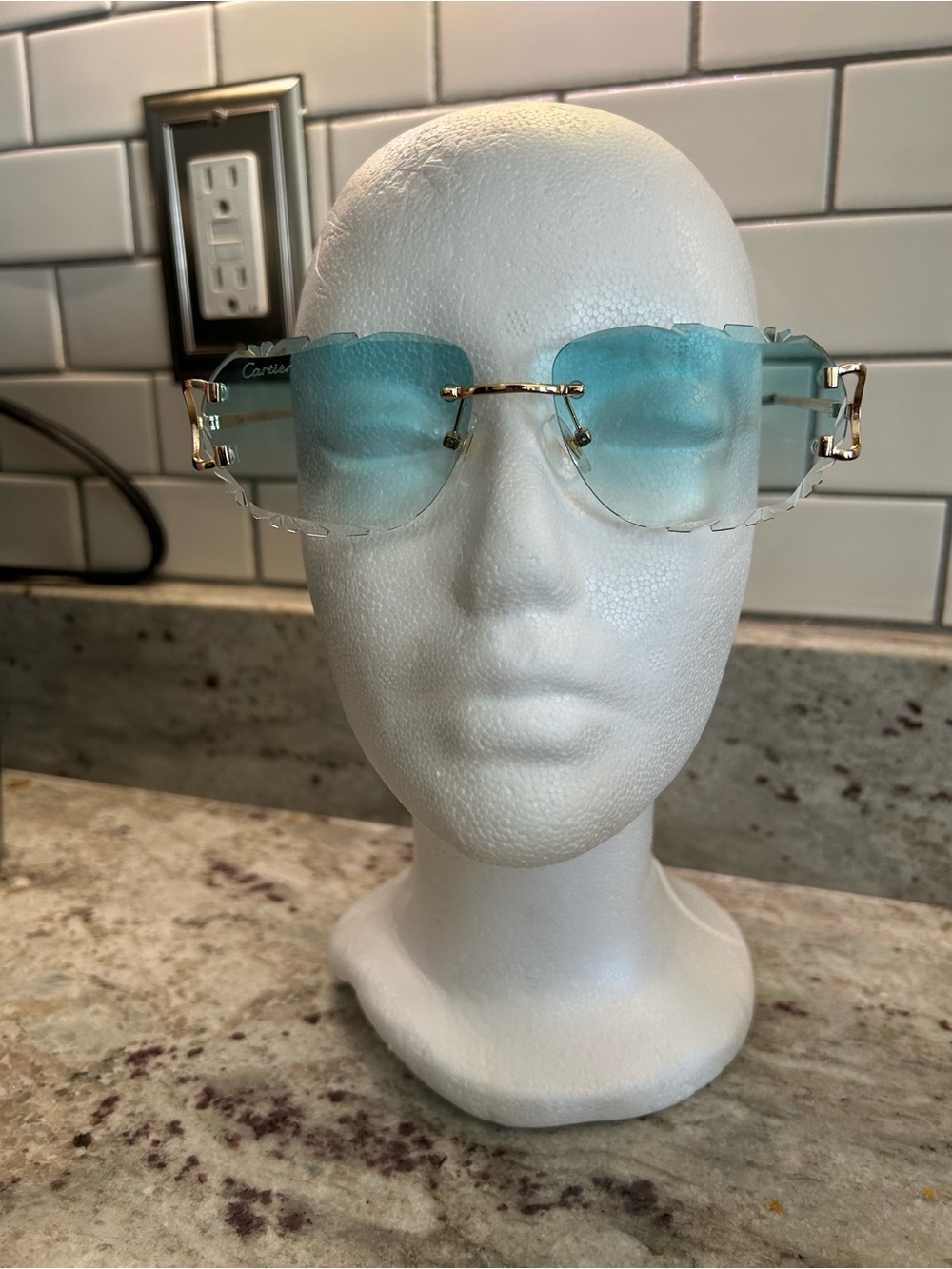 Gold Rimless Sunglasses with Blue Gradient Lenses - Women